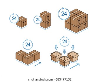 Set of various cardboard boxes with clock isolated on white background