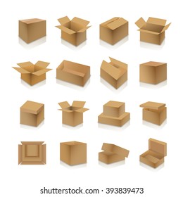 Set of various cardboard boxes with shadow and mirror reflection isolated on white background, vector illustration.