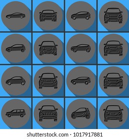 Set of various cars front and side view vector icon. Round papercut pictogram with 3d effect.