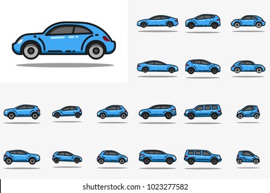 Set of various cars front and side view flat line vector icon.