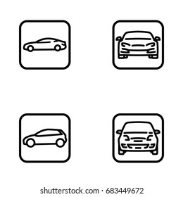 Set of various cars front and side view outline vector icon.