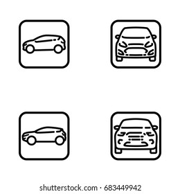 Set of various cars front and side view outline vector icon.