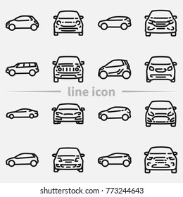 Set of various cars front and side view outline vector icon.