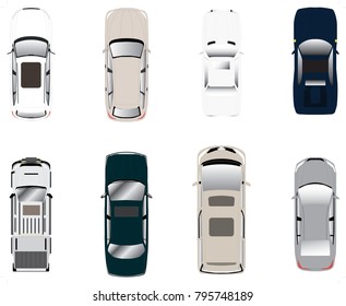 set of various cars including sedan, sports car, , van, mpg, suv, and pickup trucks from top view on white background, flat vector illustration