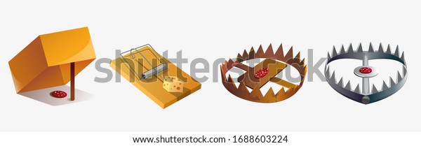 Set of various\
cartoon animal trap isolated on white background. Collection of\
colorful cruel hunter steel equipment vector graphic illustration.\
Danger tools for hunting