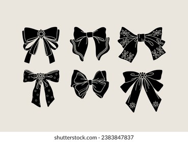 Set of various cartoon bow knots, gift ribbons. Trendy hair braiding accessory. Hand drawn vector illustration.