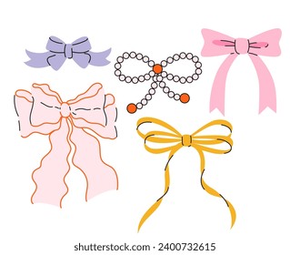 Set of various cartoon bow knots, gift ribbons. Trendy hair braiding accessory. Hand drawn vector illustration.