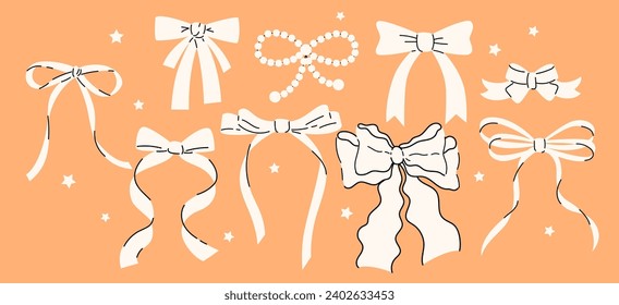 Set of various cartoon bow knots, gift ribbons. Trendy hair braiding accessory. Hand drawn vector illustration.