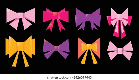 Conjunto de varios nudos de arco de dibujos animados, cintas de regalo. Accesorio de trenzado de pelo lindo de moda. Ilustración moderna vectorial plana en estilo de dibujos animados aislado en el fondo.