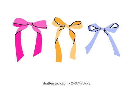 Set of various cartoon bow knots, gift ribbons. Trendy hair braiding accessory. Hand drawn vector illustration.