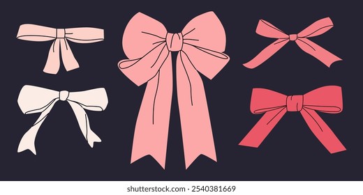 Set of various cartoon bow knots, gentle gift ribbons.  Bowknots in hand-drawn and flat styles. Fashionable vector illustration. Hair accessory.  Bow knots for gift wrapping