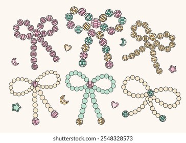 Set of various cartoon bow knots made of breads and pearls. Trendy Christmas decoration. Hand drawn vector illustration.