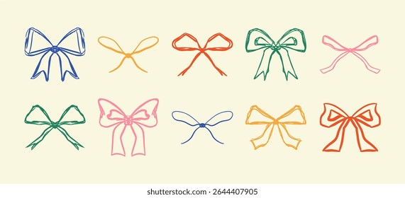Set of various cartoon bow knots, gift ribbons. Trendy hair braiding accessory. Hand drawn vector illustration.