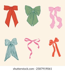 Set of various cartoon bow. Trendy hair braiding accessory. Hand drawn vector illustration.