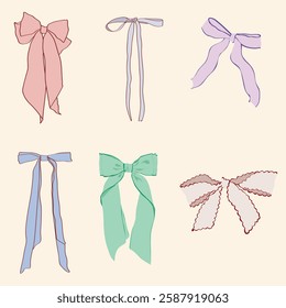 Set of various cartoon bow. Trendy hair braiding accessory. Hand drawn vector illustration.
