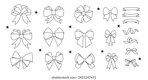 Set of various cartoon bows on a white background, gift ribbons. Fashionable accessory for hair braiding. Hand drawn vector illustration.EPS10