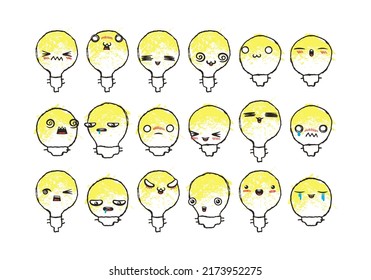 Set of Various Cartoon Bulbs with Emoticons. Doodle lightbulb, ideas, eyes and mouth. Caricature comic expressive emotions, smiling, crying and surprised character face expressions. Isolated vector