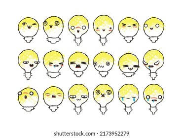 Set of Various Cartoon Bulbs with Emoticons. Doodle lightbulb, ideas, eyes and mouth. Caricature comic expressive emotions, smiling, crying and surprised character face expressions. Isolated vector