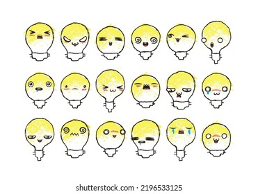Set of Various Cartoon Bulbs with Emoticons. Doodle lightbulb, ideas, eyes and mouth. Caricature comic expressive emotions, smiling, crying and surprised character face expressions. Isolated vector