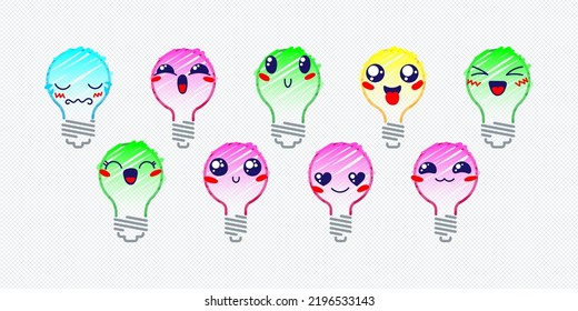 Set of Various Cartoon Bulbs with Emoticons. Doodle lightbulb, ideas, eyes and mouth. Caricature comic expressive emotions, smiling, crying and surprised character face expressions. Isolated vector