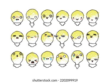 Set of Various Cartoon Bulbs with Emoticons. Doodle lightbulb, ideas, eyes and mouth. Caricature comic expressive emotions, smiling, crying and surprised character face expressions. Isolated vector