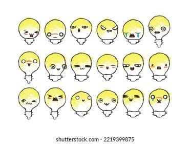 Set of Various Cartoon Bulbs with Emoticons. Doodle lightbulb, ideas, eyes and mouth. Caricature comic expressive emotions, smiling, crying and surprised character face expressions. Isolated vector