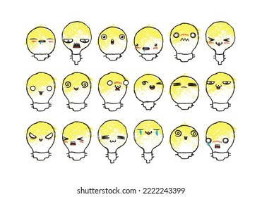 Set of Various Cartoon Bulbs with Emoticons. Doodle lightbulb, ideas, eyes and mouth. Caricature comic expressive emotions, smiling, crying and surprised character face expressions. Isolated vector