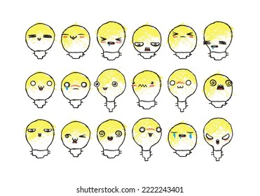 Set of Various Cartoon Bulbs with Emoticons. Doodle lightbulb, ideas, eyes and mouth. Caricature comic expressive emotions, smiling, crying and surprised character face expressions. Isolated vector