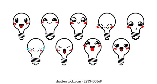 Set of Various Cartoon Bulbs with Emoticons. Doodle lightbulb, ideas, eyes and mouth. Caricature comic expressive emotions, smiling, crying and surprised character face expressions. Isolated vector