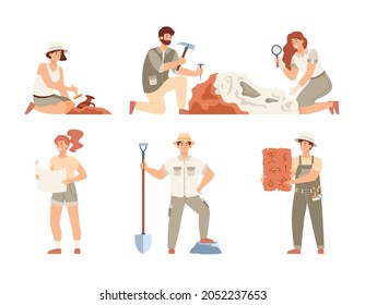 Set of various cartoon characters of archaeologists at excavation find antiquities and treasures in flat style vector illustration isolated. Archaeologists, geologists, paleonologists.