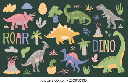 Set of various cartoon cute dinosaurs among tropical plant, palm trees, volcano and lettering DINO ROAR. Colorful animals isolated on green background. Hand drawn trendy flat vector illustration.