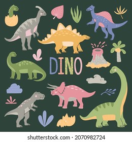 Set of various cartoon dinosaurs among tropical plants, palm trees, volcanoes and DINO lettering. Cute colorful animals isolated on green background. Hand drawn modern trendy flat vector illustration.