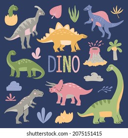 Set of various cartoon dinosaurs among tropical plant, palm trees, volcano and DINO inscription. Cute colorful animals isolated on blue background. Hand drawn trendy flat vector illustration.
