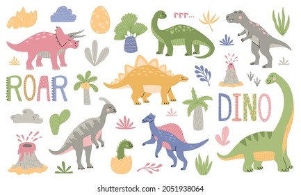 Set of various cartoon dinosaurs with tropical plants, palm trees, volcano and DINO inscription. Cute colorful animals isolated on white background. Hand drawn trendy modern flat vector illustration.