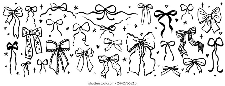 Set von verschiedenen Cartoon-Doodle-Bogen-Knoten, Geschenkbänder. Trendiges Haarflechtzubehör. Handgezeichnete Vektorgrafik. Minimalistische Tattoo-Skizze. 