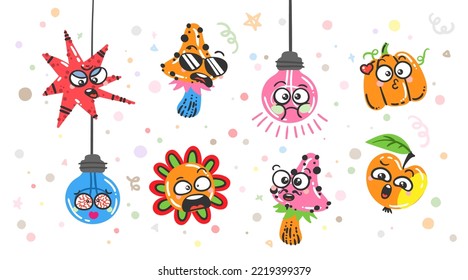 Set of Various Cartoon Elements with Emoticons. Doodle faces, eyes and mouth. Caricature comic expressive emotions, smiling, crying and surprised character face expressions. Isolated vector set