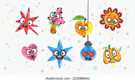 Set of Various Cartoon Elements with Emoticons. Doodle faces, eyes and mouth. Caricature comic expressive emotions, smiling, crying and surprised character face expressions. Isolated vector