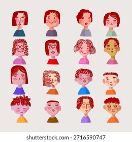 Conjunto de varias Ilustraciones vectoriales de figuras dibujadas a mano de cara de dibujos animados. Doodle línea de arte lindo retrato de personas de carácter.