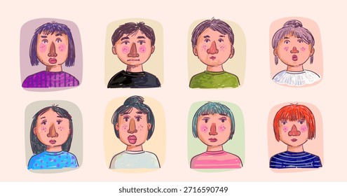 Conjunto de varias Ilustraciones vectoriales de figuras dibujadas a mano de cara de dibujos animados. Doodle línea de arte lindo retrato de personas de carácter.