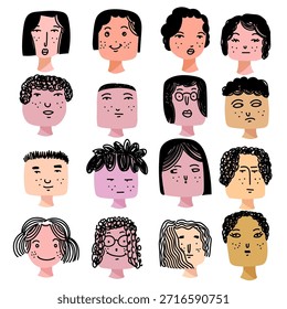Conjunto de varias Ilustraciones vectoriales de figuras dibujadas a mano de cara de dibujos animados. Doodle línea de arte lindo retrato de personas de carácter.