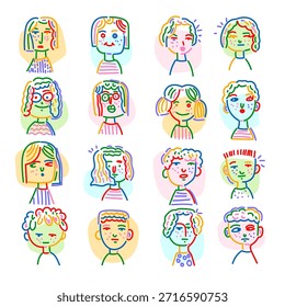 Conjunto de varias Ilustraciones vectoriales de figuras dibujadas a mano de cara de dibujos animados. Doodle línea de arte lindo retrato de personas de carácter.