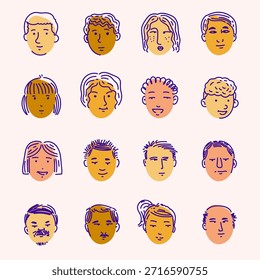 Conjunto de varias Ilustraciones vectoriales de figuras dibujadas a mano de cara de dibujos animados. Doodle línea de arte lindo retrato de personas de carácter.