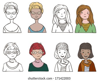 Set of various cartoon faces, illustration 