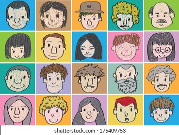 Set of various cartoon faces illustration