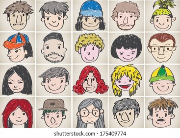 Set of various cartoon faces illustration