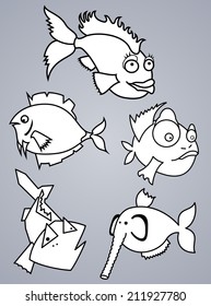 Set of various cartoon fishes silhouettes, black and white