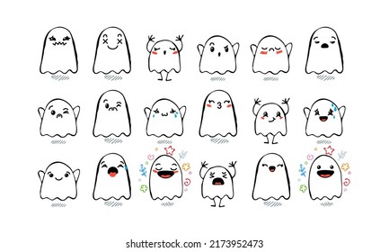 Set von verschiedenen Cartoon Geistern mit Emoticons. Doodle Ghouls, Augen und Mund. Karikatur Comic expressive Emotionen, lächelnd, weinend und überrascht Charakter Gesichtsausdrücke. Einzelvektor