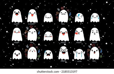 Set of Various Cartoon Ghosts with Emoticons. Doodle ghouls, eyes and mouth. Caricature comic expressive emotions, smiling, crying and surprised character face expressions. Vector illustration icons