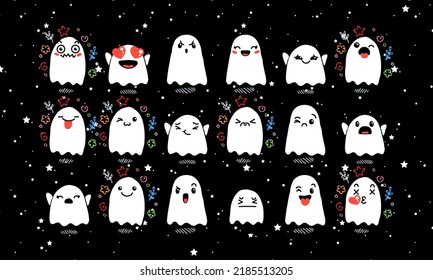 Set of Various Cartoon Ghosts with Emoticons. Doodle ghouls, eyes and mouth. Caricature comic expressive emotions, smiling, crying and surprised character face expressions. Vector illustration icons