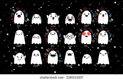 Set of Various Cartoon Ghosts with Emoticons. Doodle ghouls, eyes and mouth. Caricature comic expressive emotions, smiling, crying and surprised character face expressions. Vector illustration icons